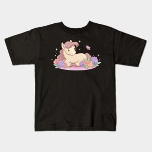 Cute Pony and Butterfly for Horse Lovers Kawaii Aesthetic Kids T-Shirt